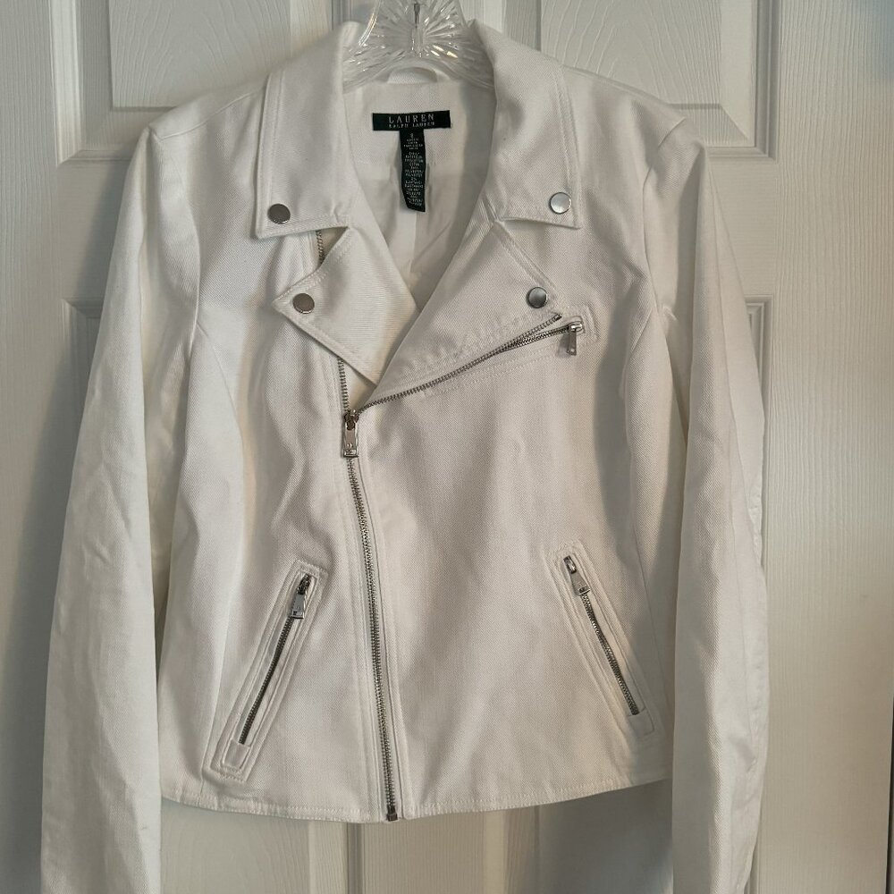 Polo Ralph Lauren White Denim Moto Jean Jacket, size 8